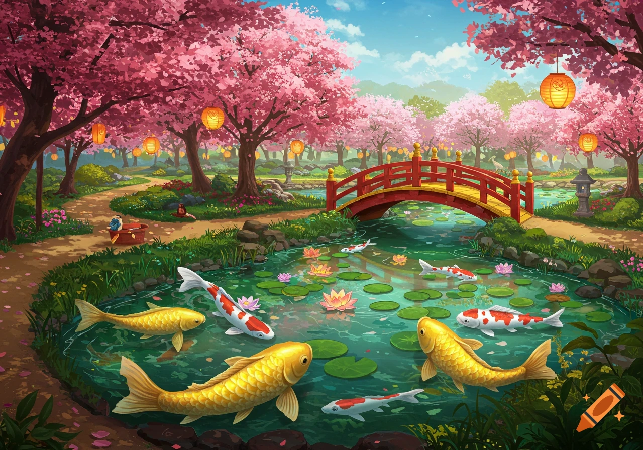 Vibrant illustration of a Japanese garden with pink cherry blossoms, a red bridge, and a pond filled with colorful koi fish.
