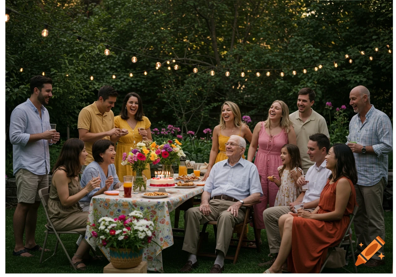 A large family gathers around a table in a lush backyard to celebrate a man's birthday under string lights.