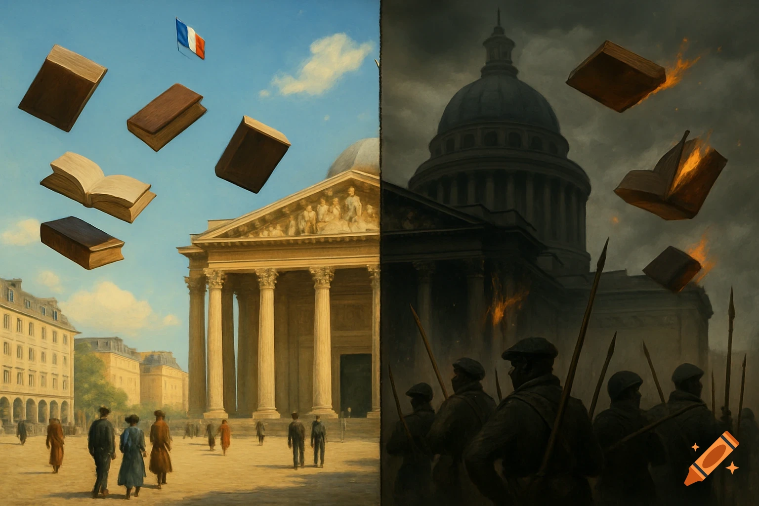 A painting showing the French Pantheon split in half: one side sunny with floating books and people, the other dark with burning books and soldiers.