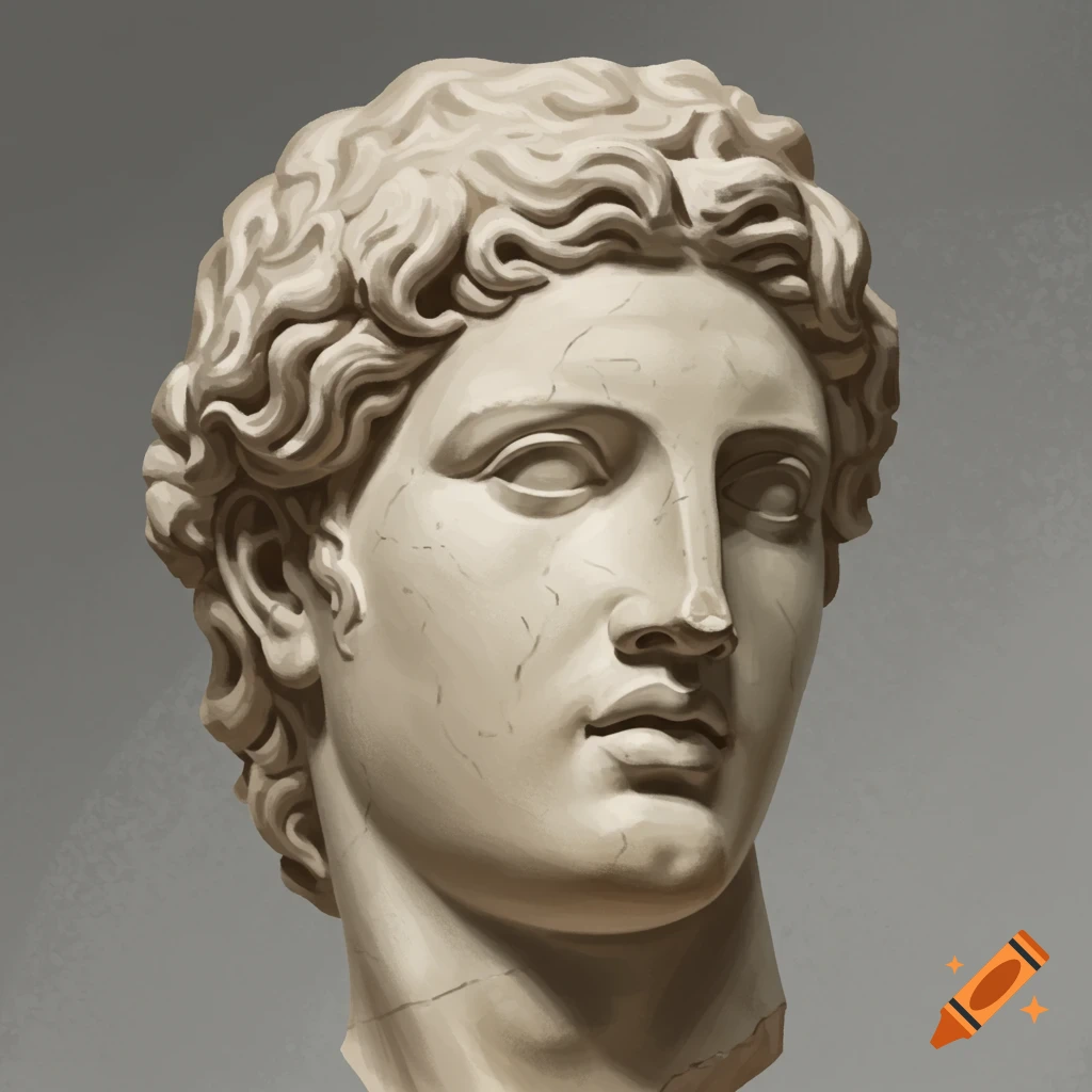 A close-up of a classical marble bust of a male figure with curly hair, looking right.