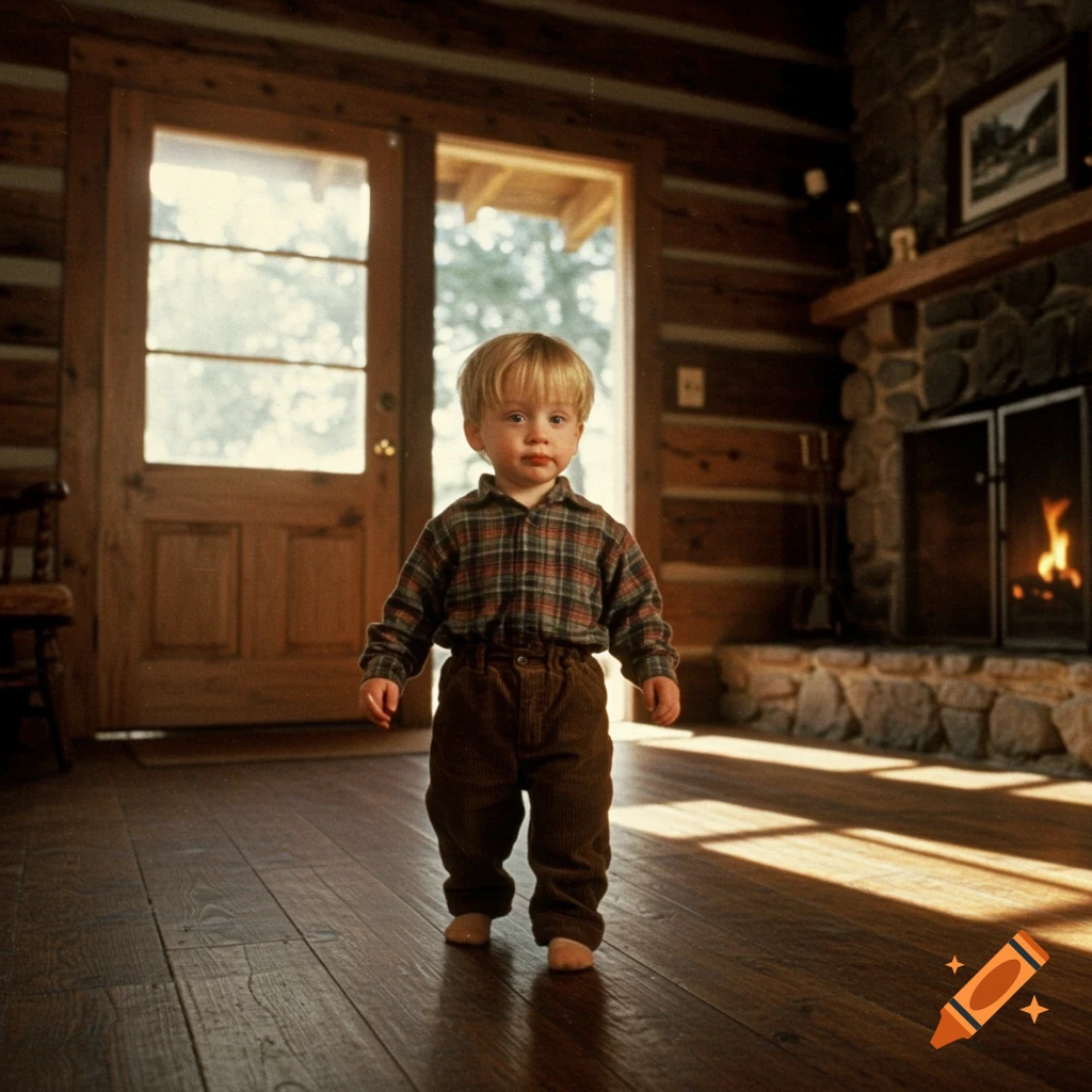 A blonde toddler in a plaid shirt stands barefoot on a wooden floor in a rustic cabin, with a fireplace and large window.