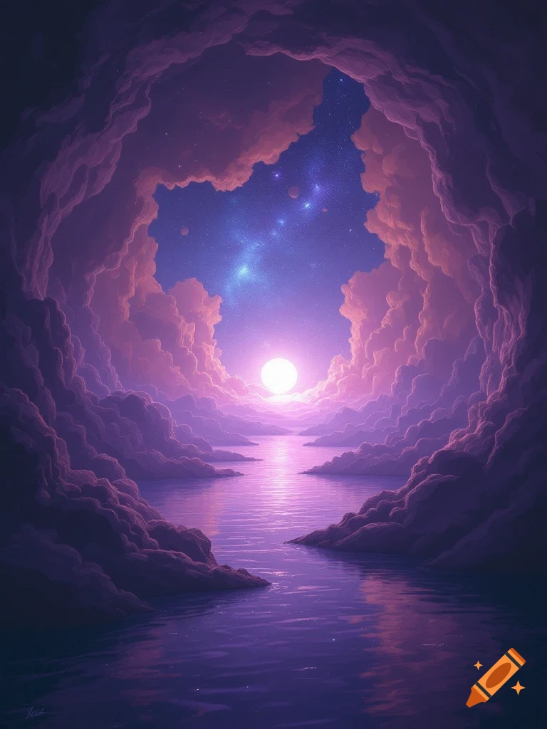 A surreal purple dreamscape with a glowing orb over water, framed by clouds and a starry sky.