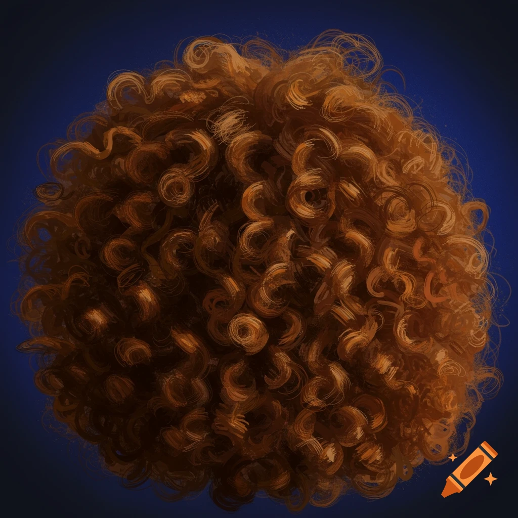 A close-up illustration of curly brown hair against a dark blue background.