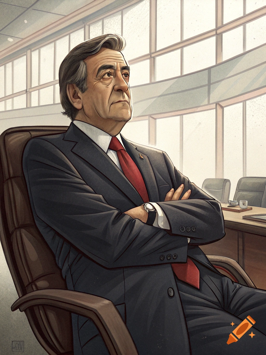 Stylized illustration of a man in a suit seated in an office, looking out with a thoughtful expression.