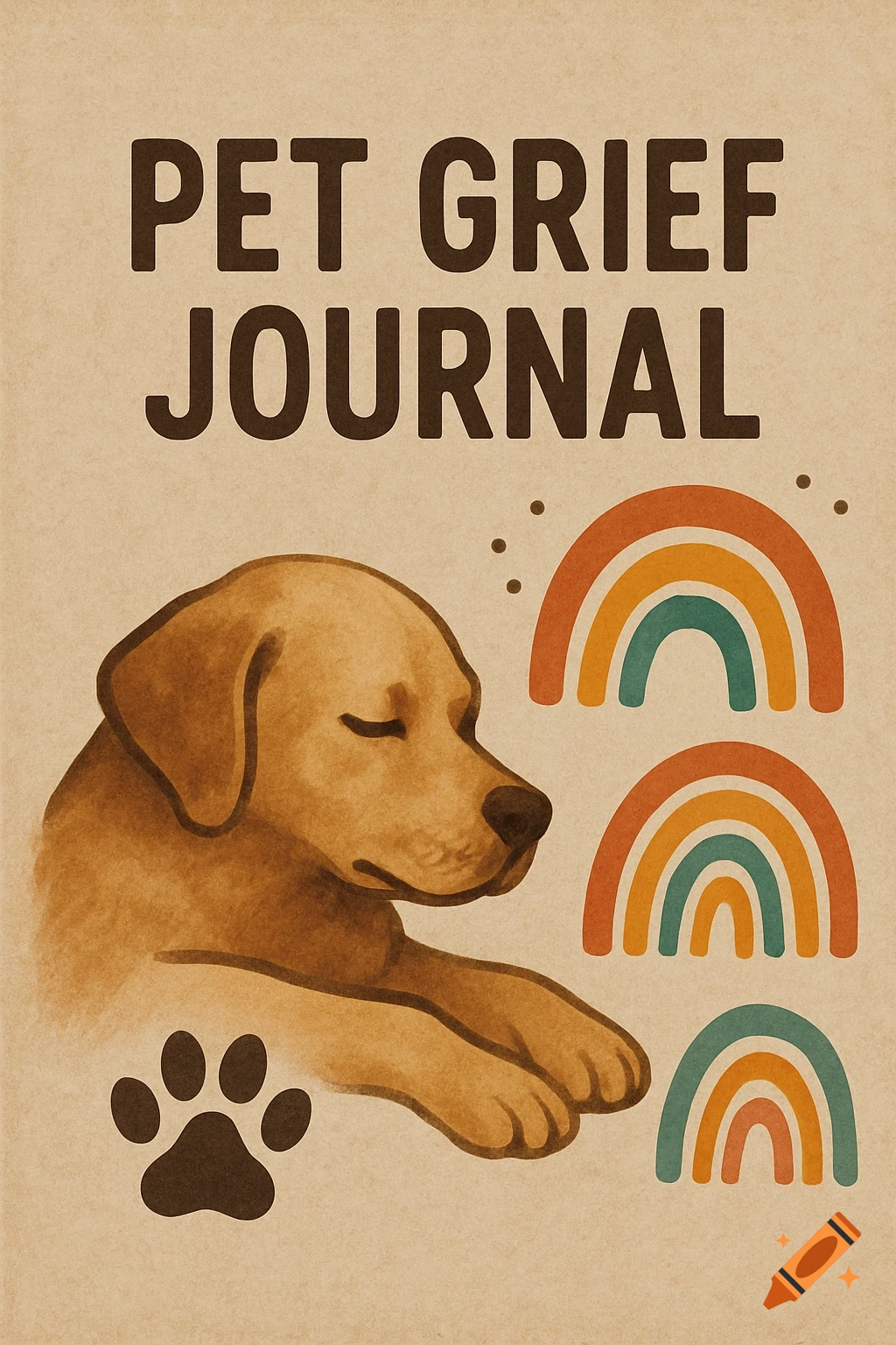Illustrated pet grief journal cover featuring a sleeping brown dog, a paw print, and three colorful rainbows on a textured background.