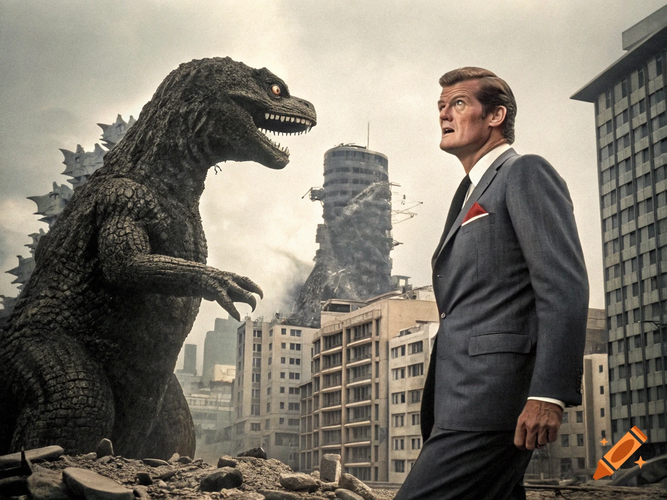 Roger Moore, in a suit, stands calmly before a roaring Godzilla in a destroyed city.