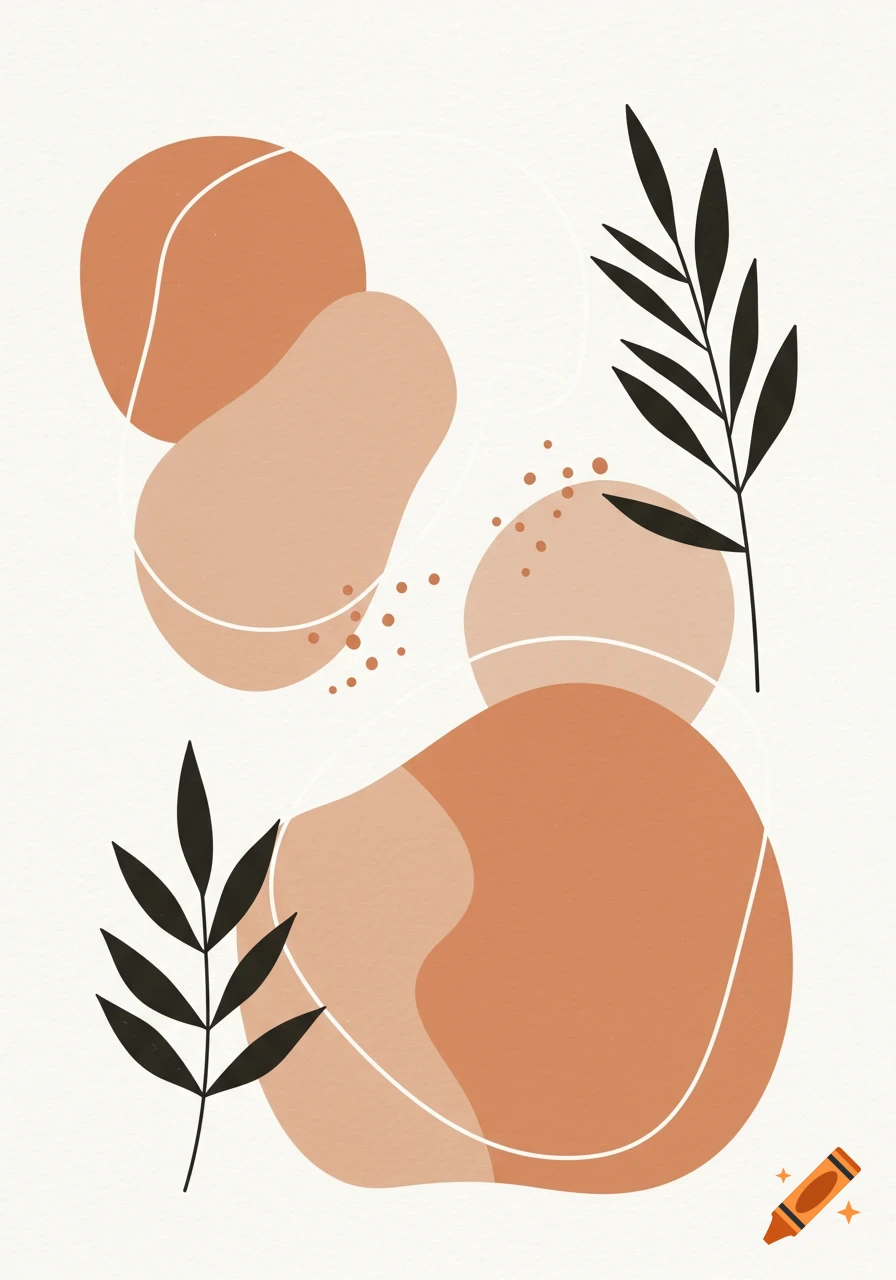 Abstract boho wall art with orange and beige organic shapes, white outlines, and black plant leaves on a white background.