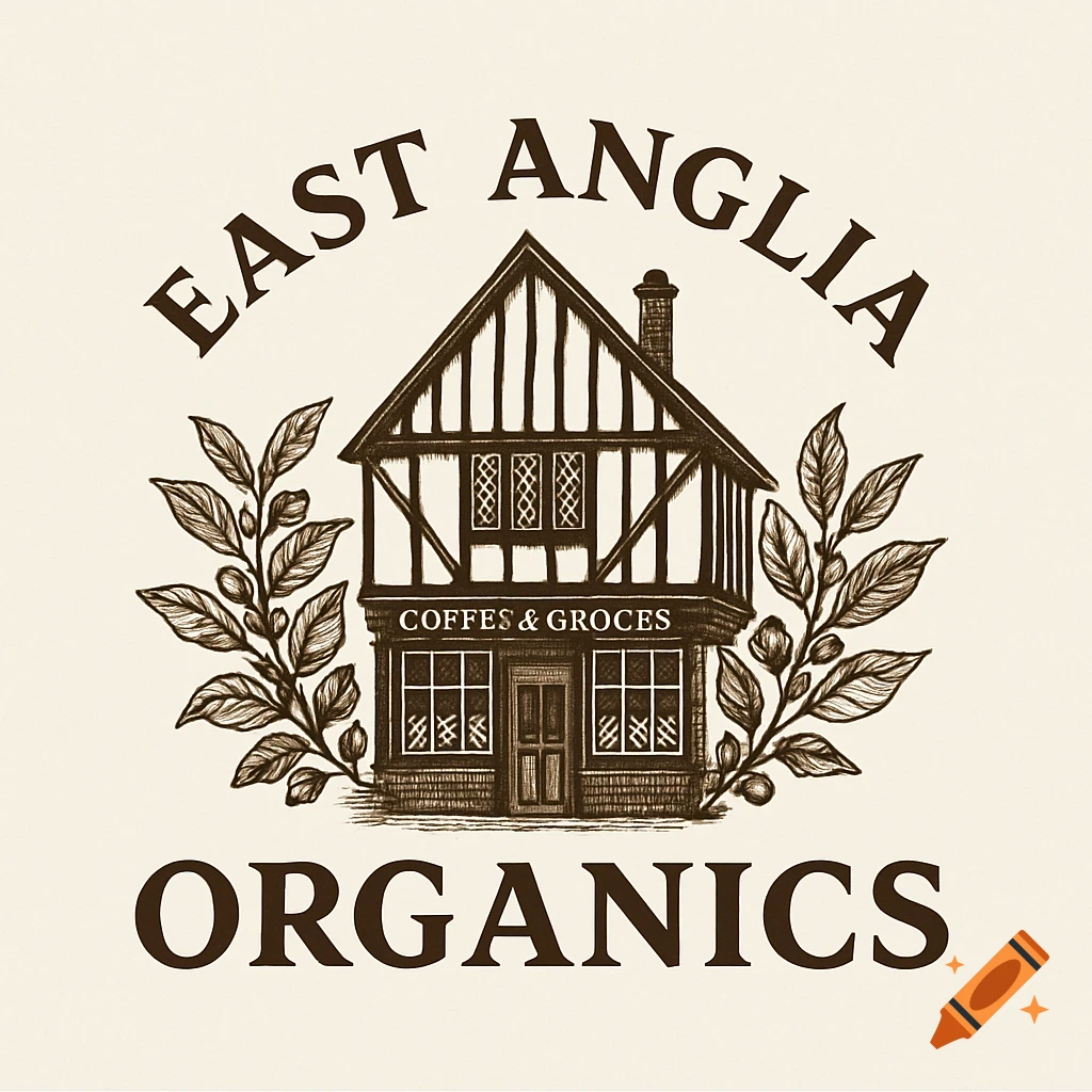A vintage-style logo featuring a Tudor-era shop with "EAST ANGLIA" arched above and "ORGANICS" below, flanked by coffee branches.