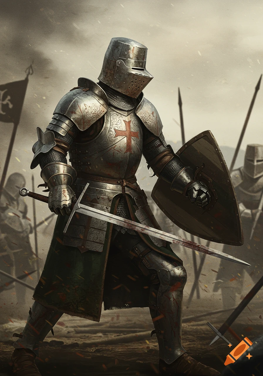 A detailed illustration of a medieval knight in full plate armor, holding a blood-stained sword and shield on a battleground.