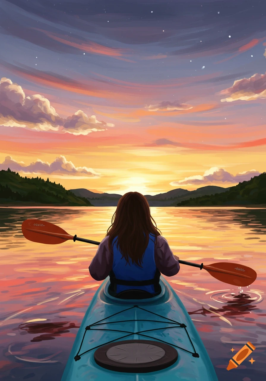 A person kayaks on a calm lake at sunset, facing away towards the vibrant orange and pink sky. Digital painting style.