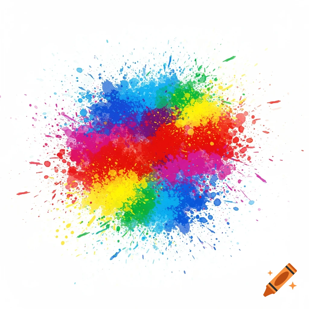 Vibrant abstract paint splash with red, blue, yellow, green, and purple hues on a white background, creating a dynamic visual.