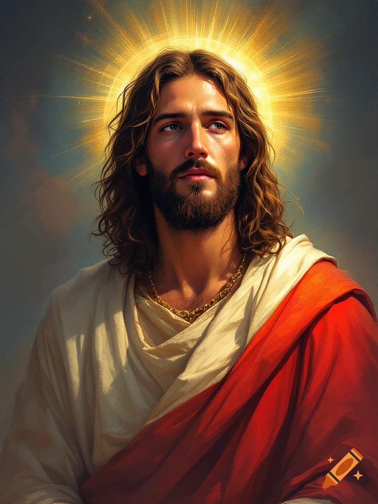 A realistic portrait of Jesus Christ with a halo of golden light, looking upwards.