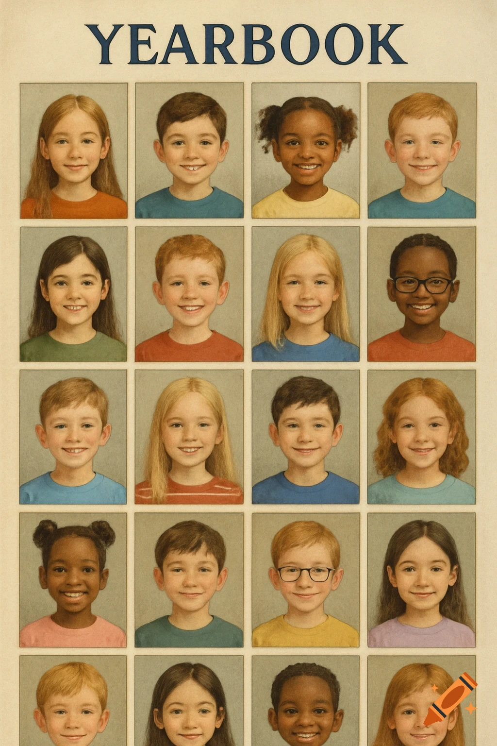 A grid of 20 smiling diverse children's portrait photos on a yearbook page with the title 'YEARBOOK' at the top.