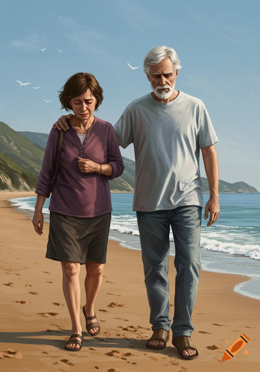 An elderly man with his arm around a sad, elderly woman walk along a sandy beach.