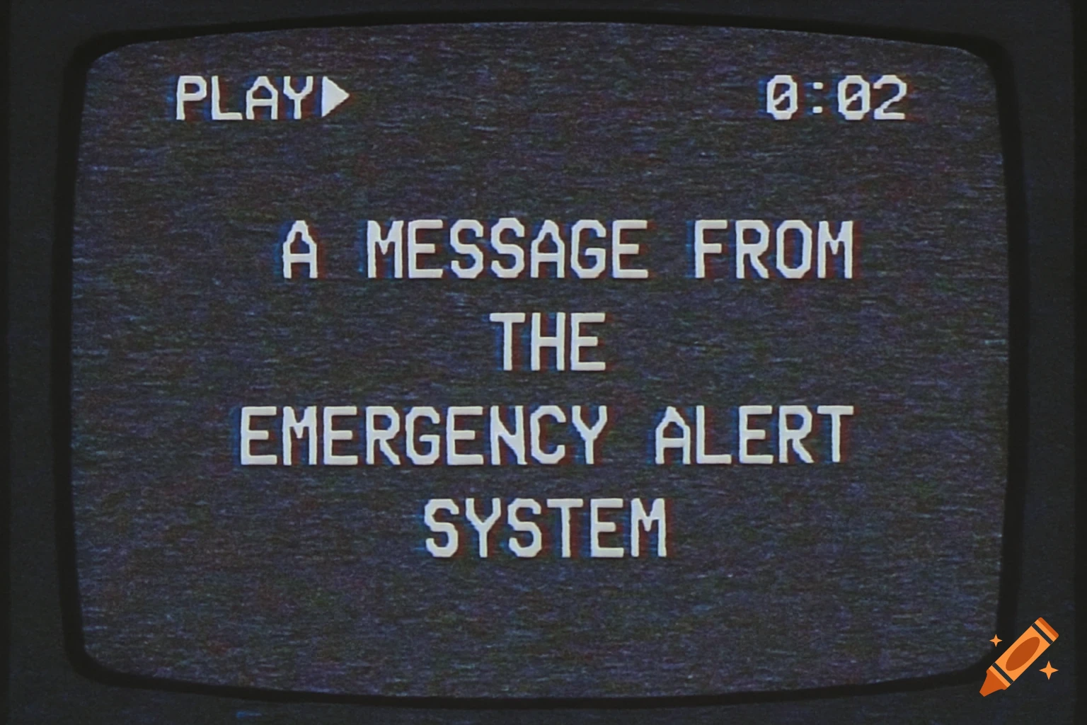 A retro TV screen displays an Emergency Alert System message with VHS static and tracking effects.