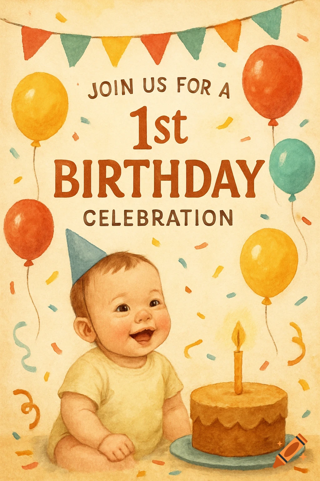 A watercolor illustration of a smiling baby in a party hat next to a birthday cake, surrounded by balloons and confetti, with text 'Join us for a 1st Birthday Celebration'.
