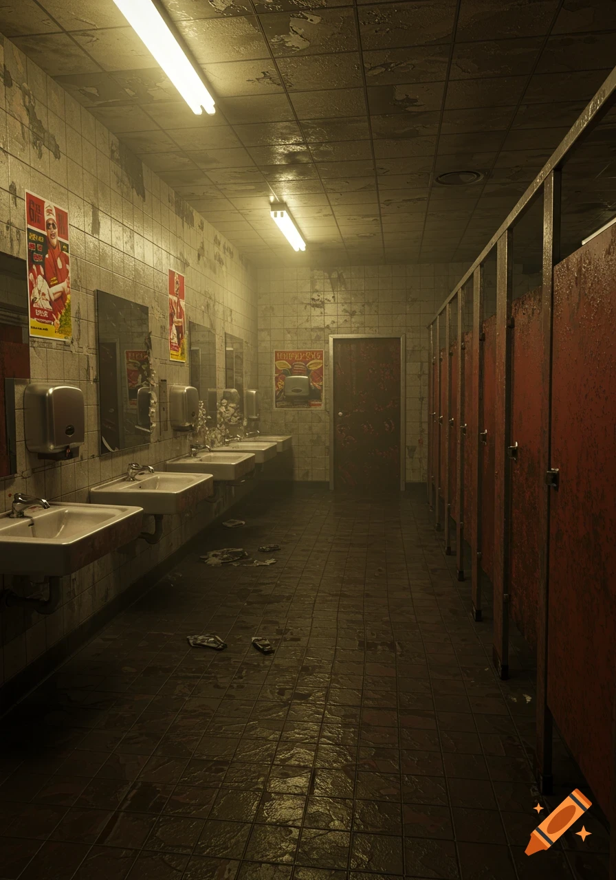 A dimly lit, grimy public bathroom with rows of sinks and stalls, appearing abandoned and decayed with dirty tiles and rusty partitions.