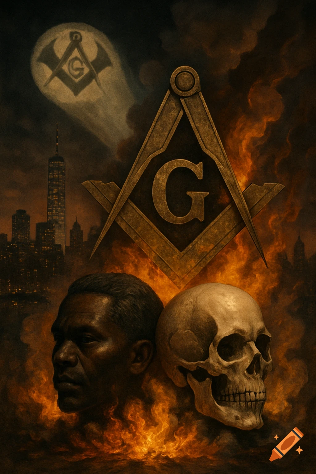 Dramatic illustration of a Masonic emblem over a skull, a man's head, fire, smoke, and the New York City skyline with a projected Masonic symbol.