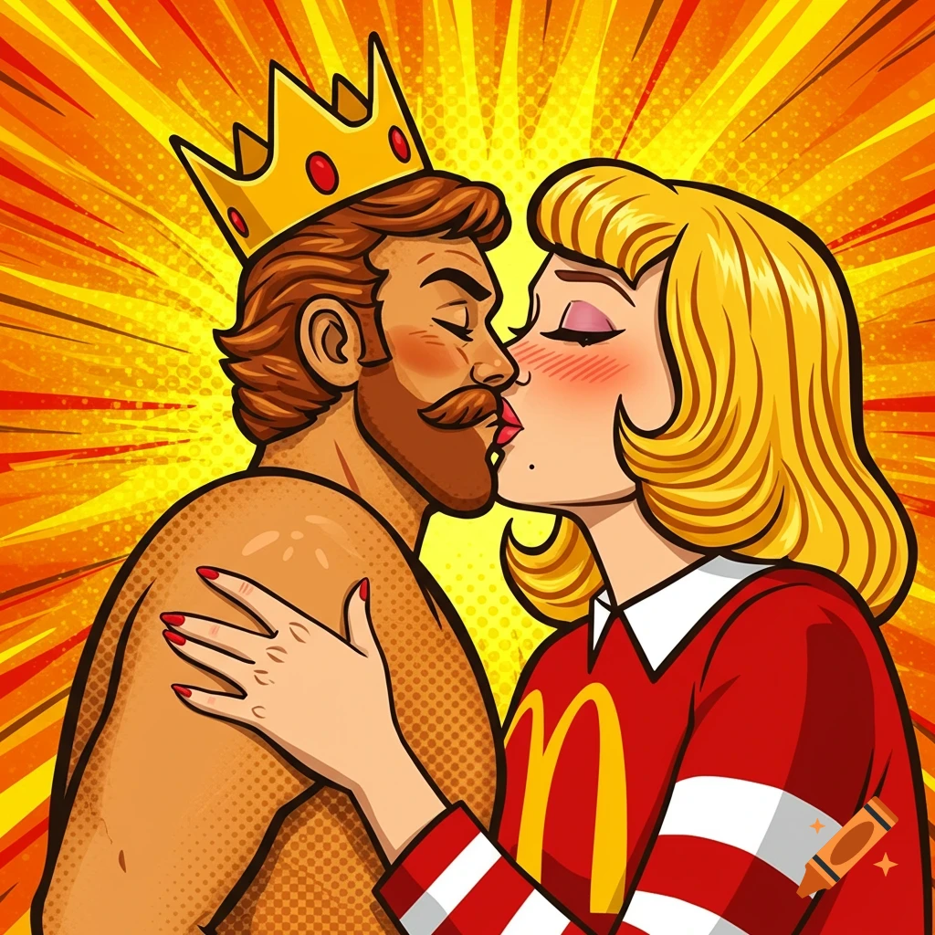 Pop art illustration of Burger King character kissing McDonald's character against a yellow and orange comic book background.