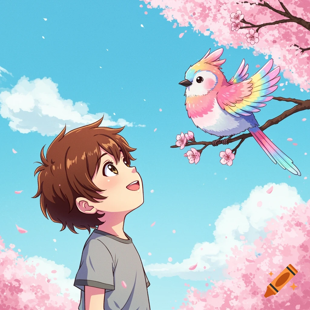 An anime boy looks up at a colorful bird perched on a cherry blossom branch under a blue sky.