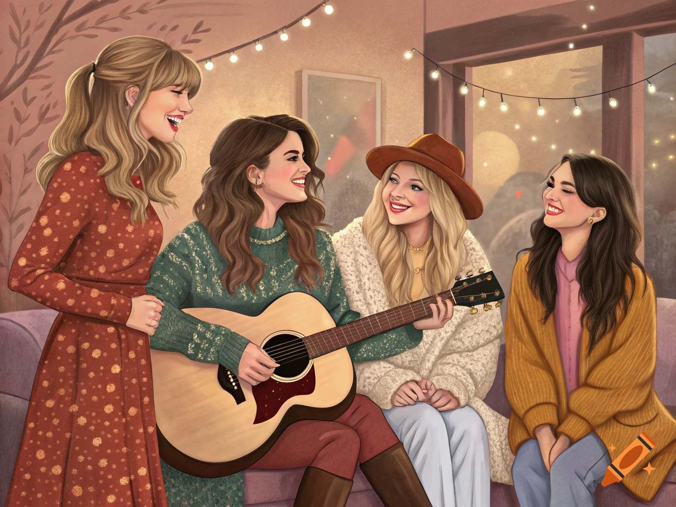 Illustrated group of four smiling women, one playing an acoustic guitar, in a cozy room with string lights.