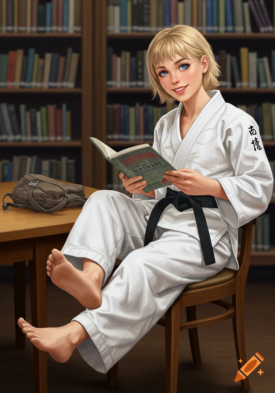 A smiling blonde woman in a white karate gi and black belt sits in a library, reading a book with her bare feet on the table. Digital art style.