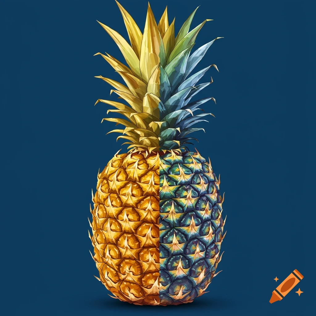A pineapple split in half, one side rendered in a classic style and the other with geometric shapes, on a blue background.