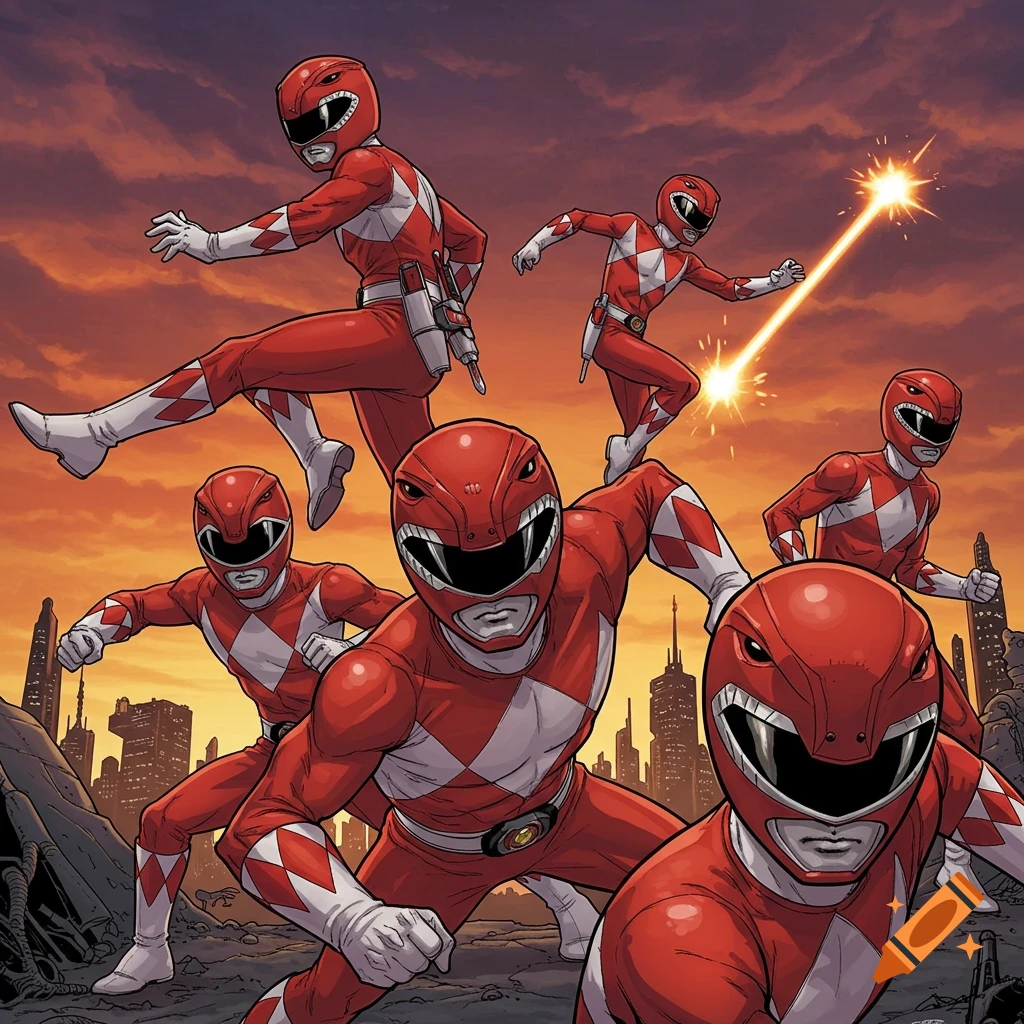 Dynamic comic art of several red Power Rangers in action poses against a cityscape at sunset, with one firing a laser beam.