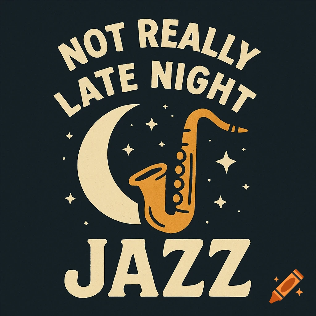 A retro graphic logo with the text 'NOT REALLY LATE NIGHT JAZZ' alongside a saxophone, crescent moon, and stars on a dark background.