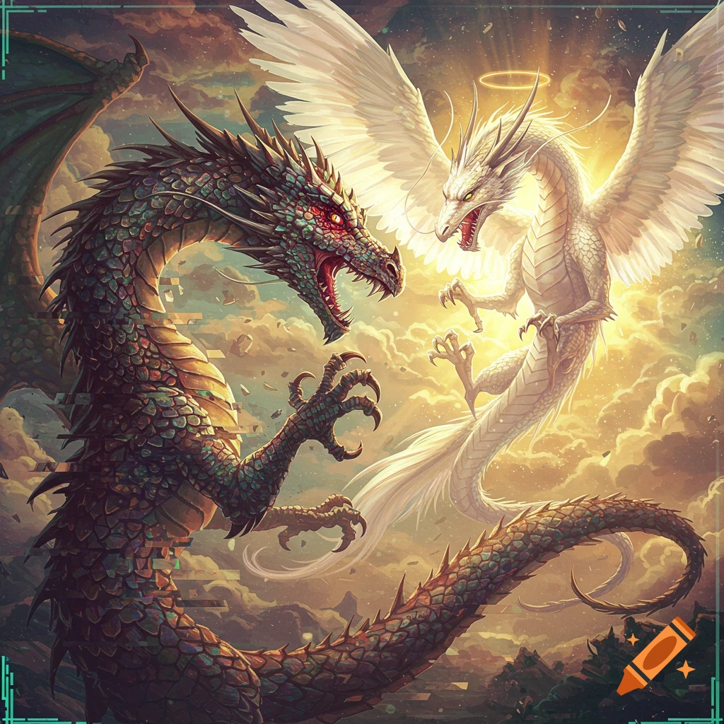 A green glitched dragon fighting a white angelic dragon with large wings and a halo in a cloudy, golden sky, fantasy art.