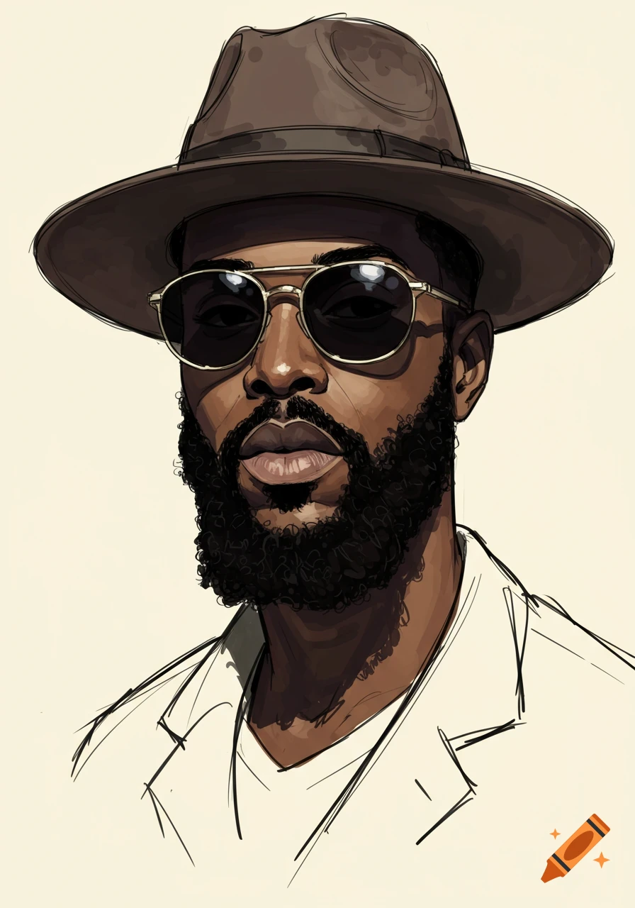 Rough sketch illustration of a Black man with a goatee beard, sunglasses, and a hat.