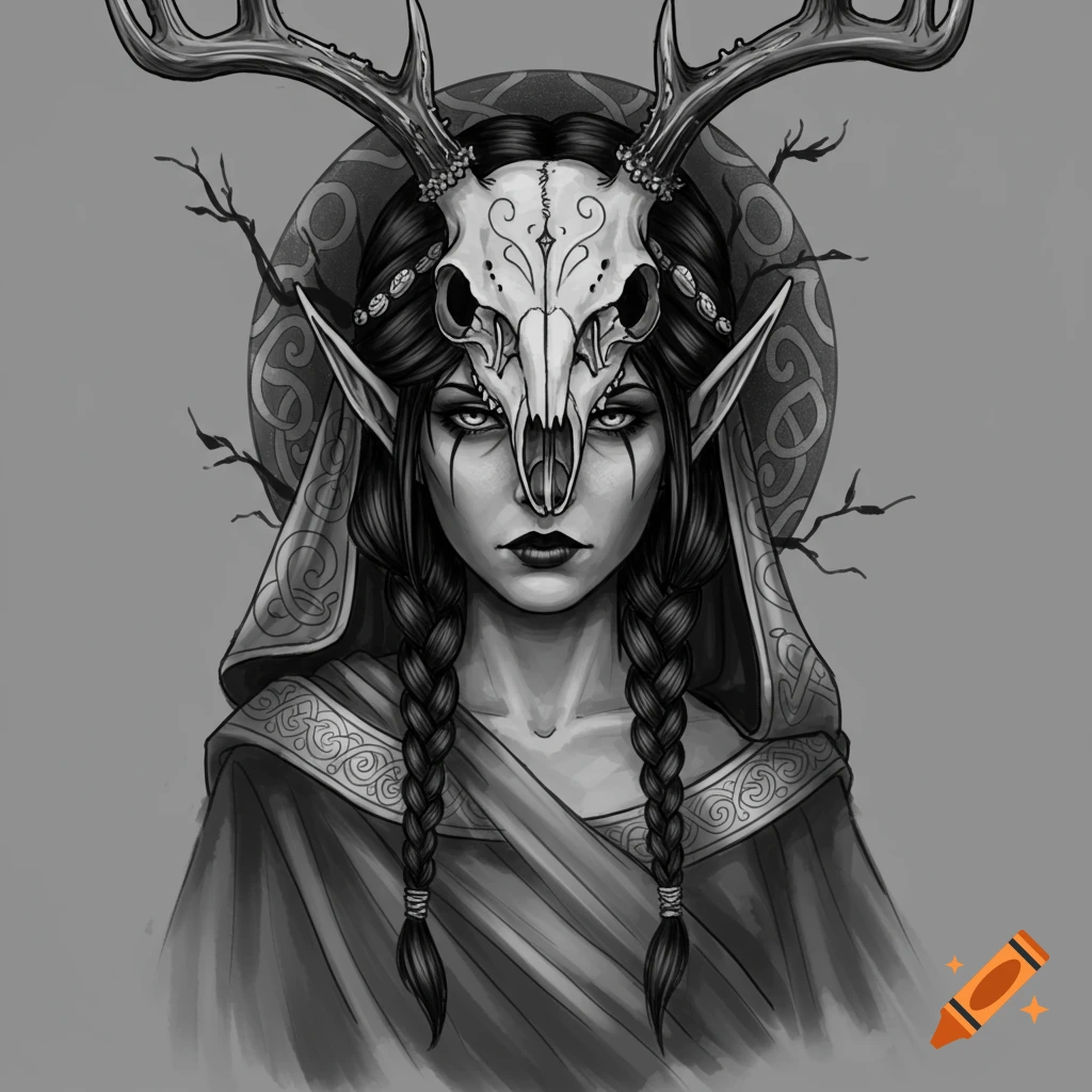 Black and white illustration of a female druid with braided hair and elf ears, wearing a hooded cloak and a deer skull on her head.