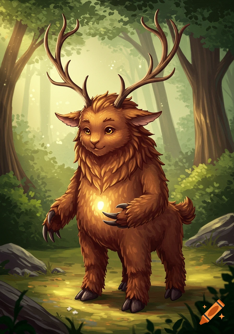 A brown furry fantasy creature with antlers and claws stands in a bright, sunlit forest, holding a glowing light.