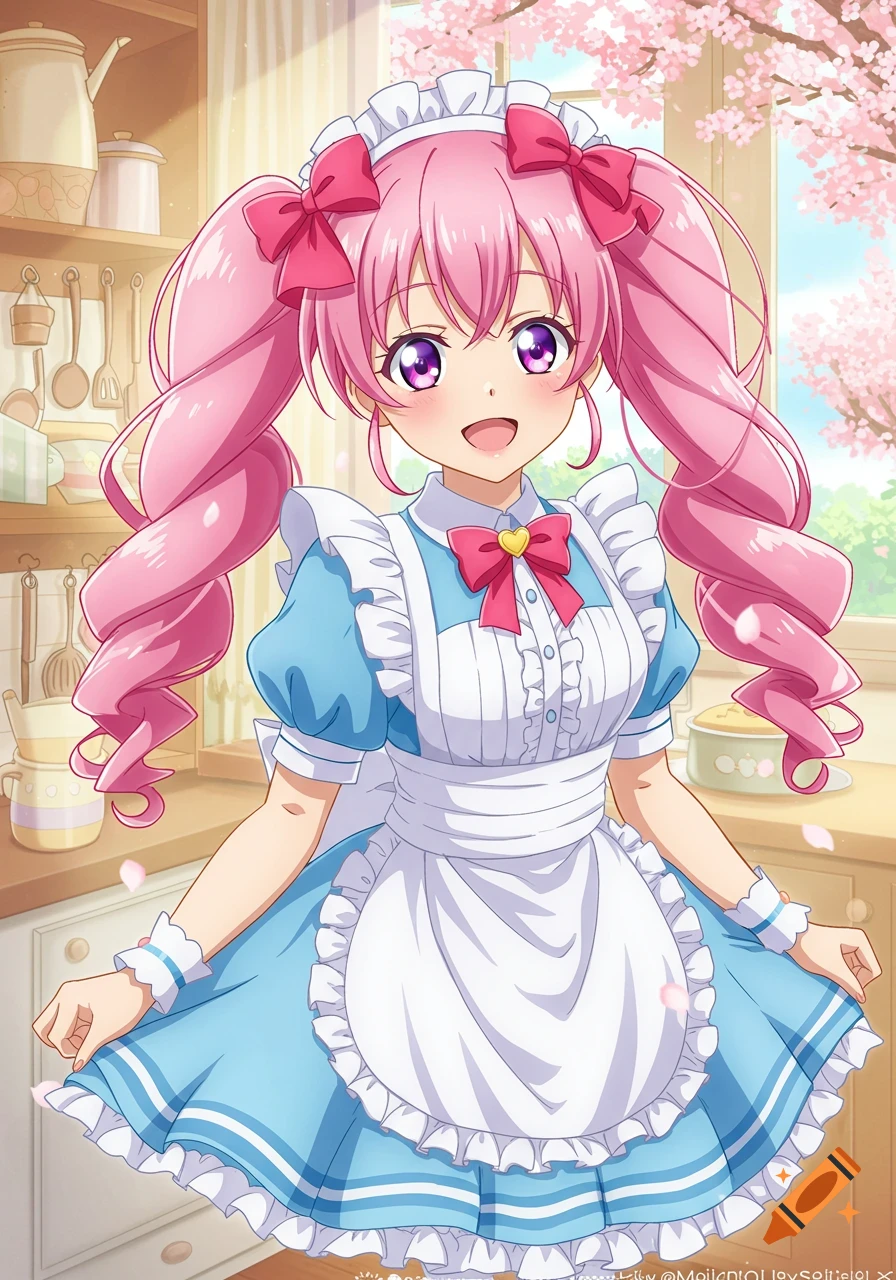 An anime girl with pink pigtails, wearing a blue and white maid dress, smiles in a sunny kitchen with cherry blossoms visible outside.