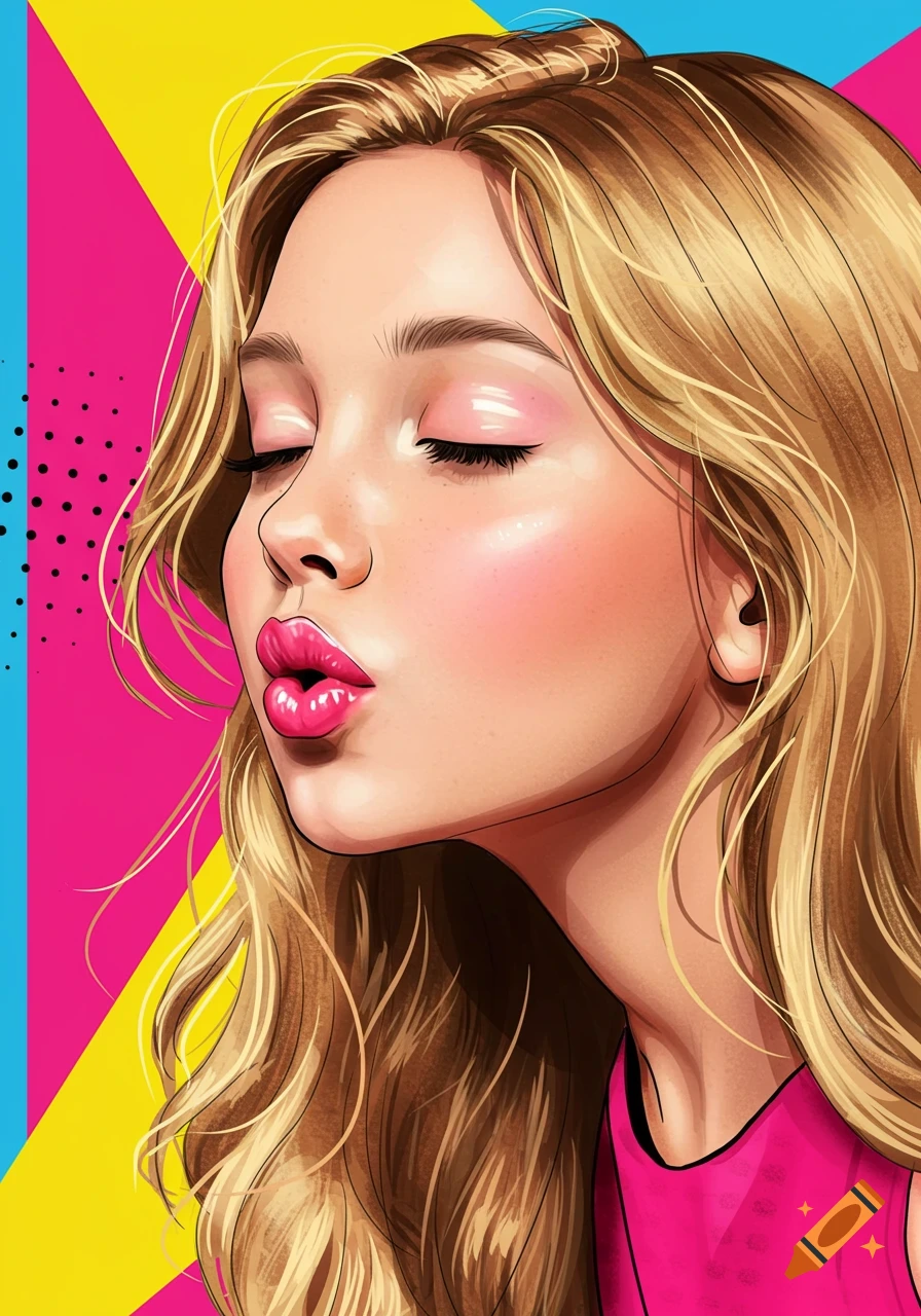 Illustrated portrait of a blonde girl with closed eyes and pouted lips, against a bright pink, yellow, and blue pop-art background.