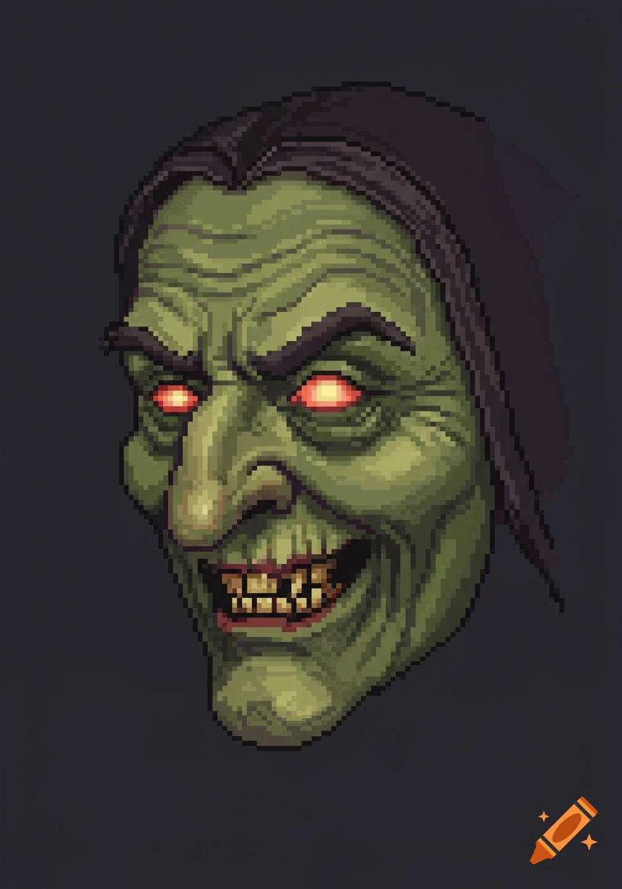 A pixel art close-up of an old, green-skinned evil witch with glowing red eyes and a sinister smile.