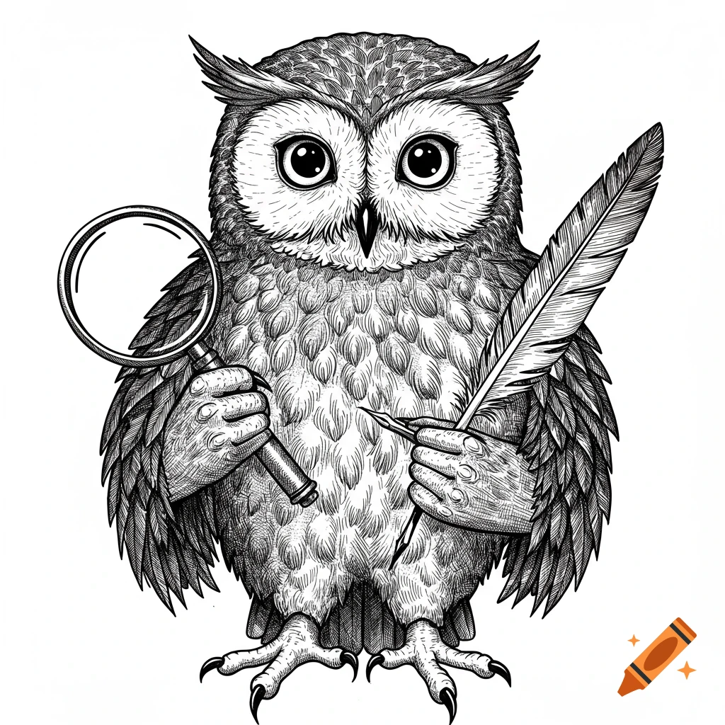 Monochrome illustration of an owl holding a magnifying glass in one clawed hand and a quill pen in the other.