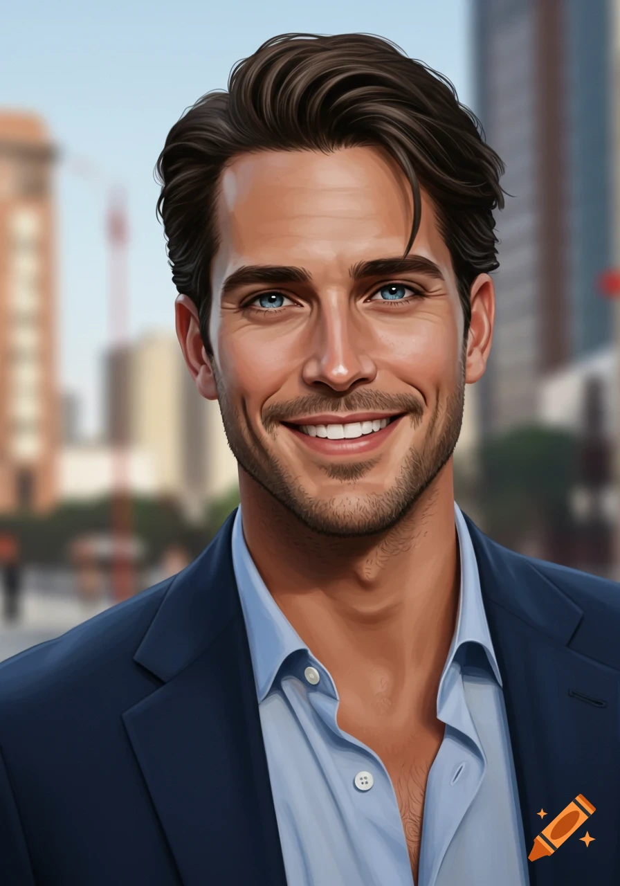 A smiling man with dark hair and blue eyes in a suit jacket stands in a city.