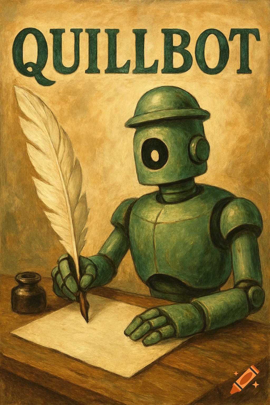 A green robot in a bowler hat writes with a quill and ink at a wooden desk under the word QUILLBOT in a vintage illustration.