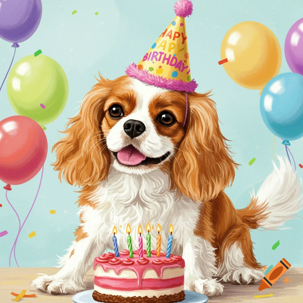 A smiling Cavalier King Charles Spaniel dog wearing a "Happy Birthday" hat sits in front of a pink birthday cake with candles and colorful balloons.
