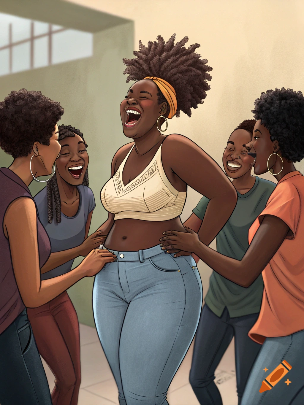An illustration of five Black women laughing, with four tickling the one in the center who is wearing a crop top and jeans.
