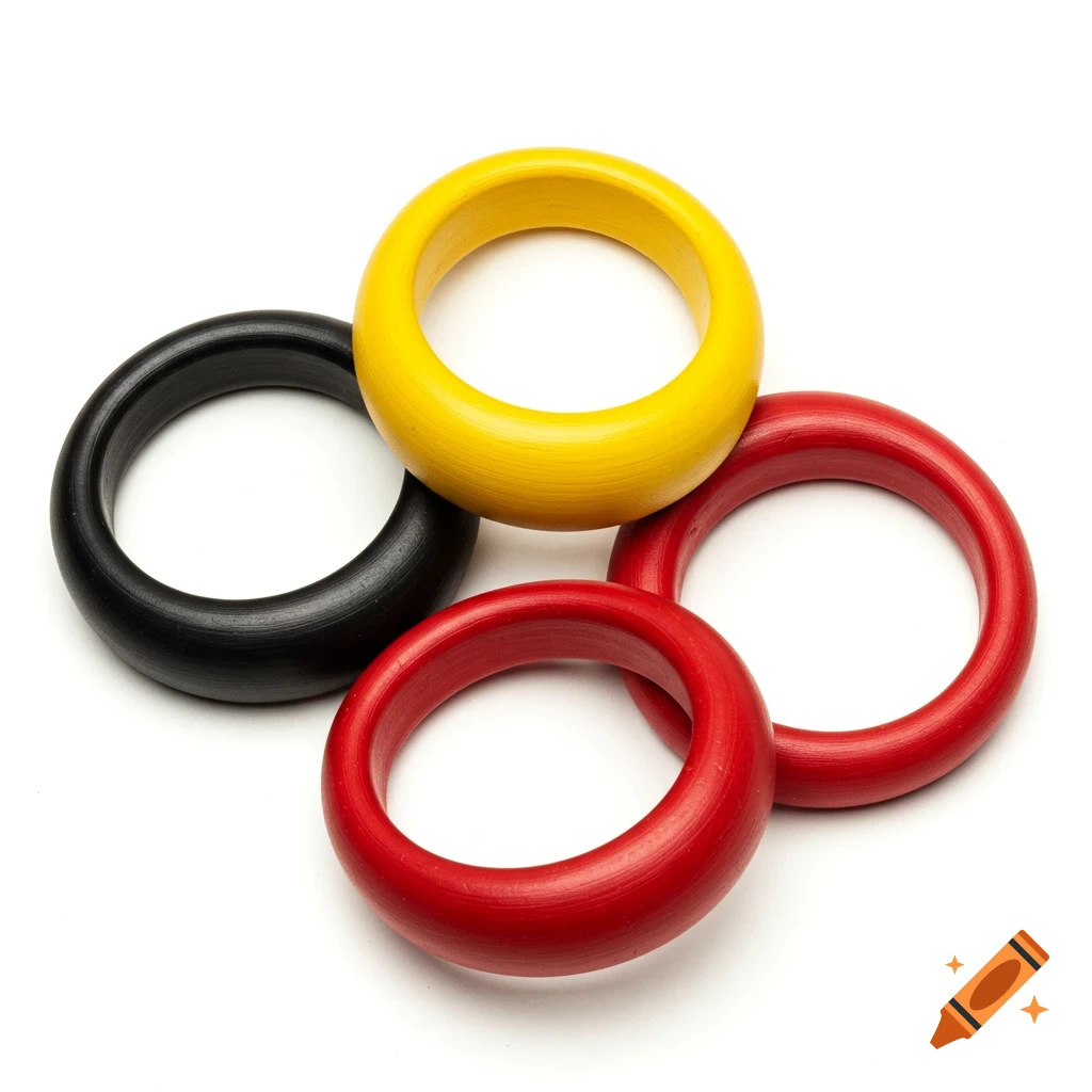 Four colorful rings, black, yellow, and two red, lie on a white surface.