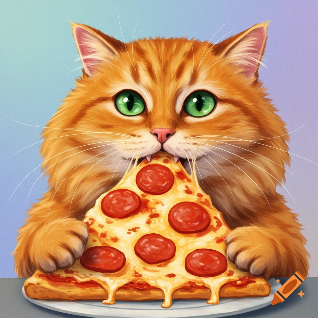 A cute orange cat with green eyes holds a slice of pepperoni pizza in its mouth, with cheese stretching, in a stylized illustration.