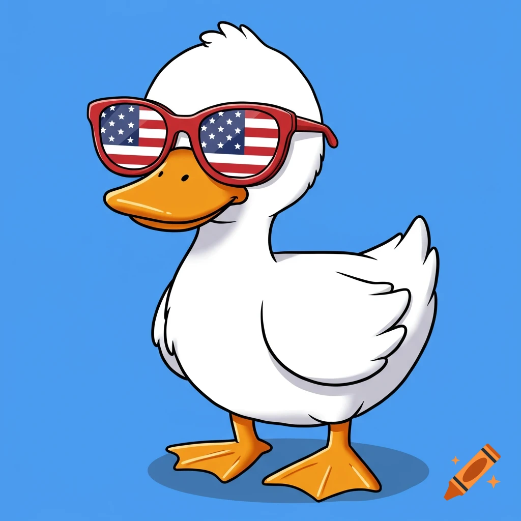 A white cartoon duck wearing red American flag sunglasses on a blue background.