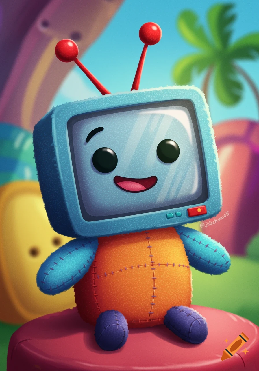 A cheerful, plush cartoon character with a blue TV head, red antennas, an orange body, and blue limbs sits in a vibrant outdoor setting.