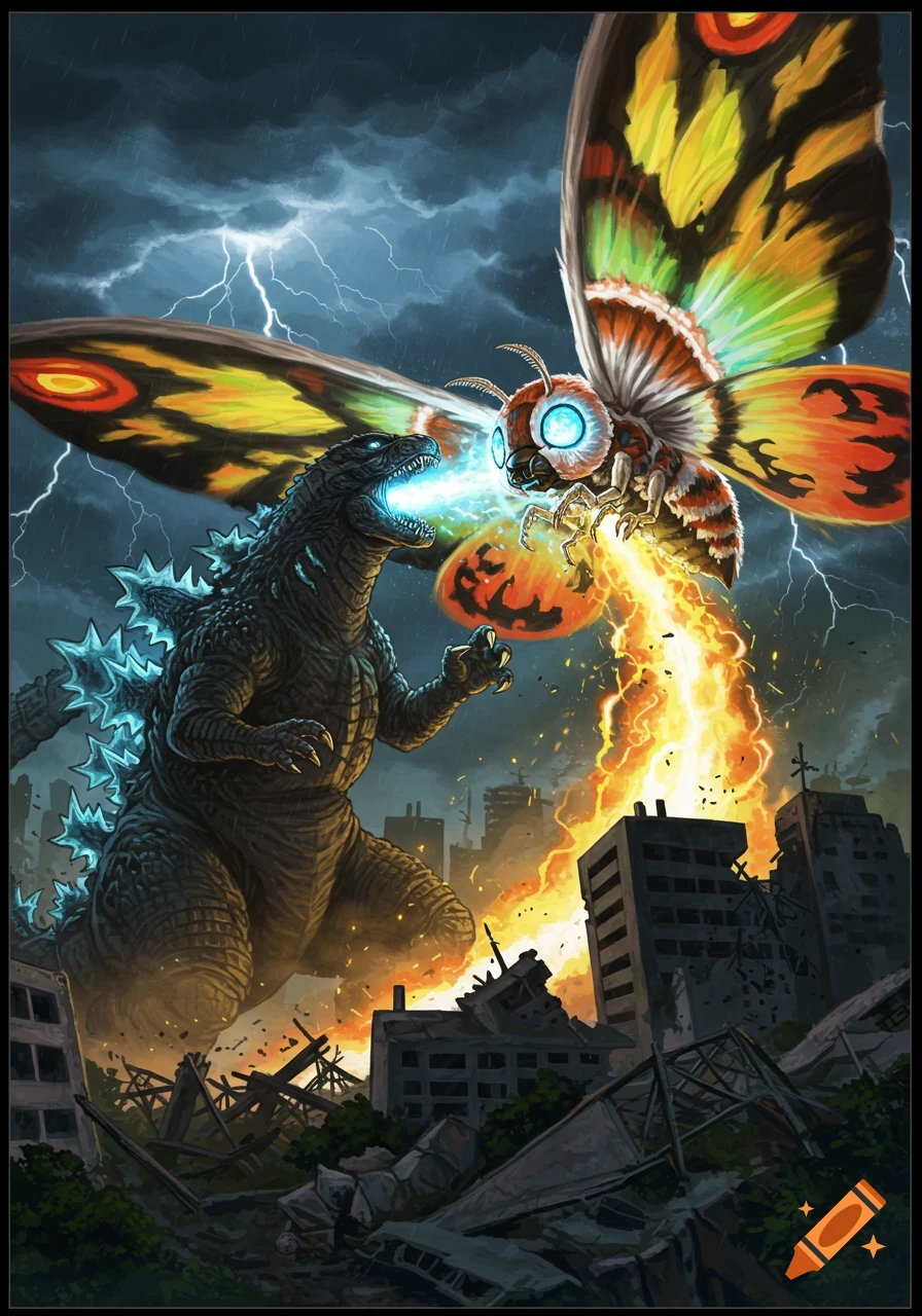 Godzilla and Mothra battle in a destroyed city under a stormy, lightning-filled sky. Godzilla fires a blue atomic breath, while Mothra emits a fiery orange beam.
