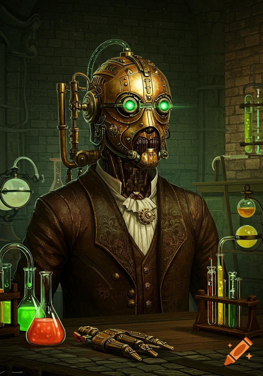 A detailed steampunk automaton with glowing green eyes and a brown suit in a laboratory with beakers and tubes.