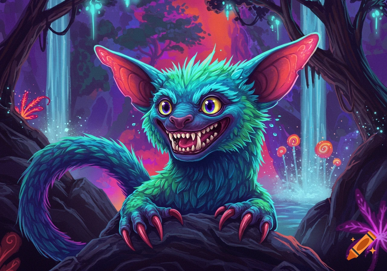 A vibrant teal and green furry creature with large red ears and sharp ...