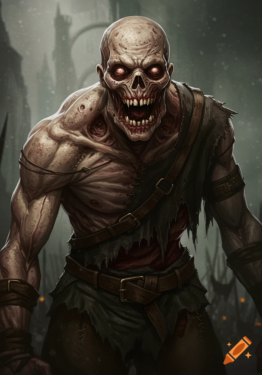 A muscular zombie with decaying skin, glowing red eyes, and sharp teeth, wearing tattered clothes in a dark, gritty setting.