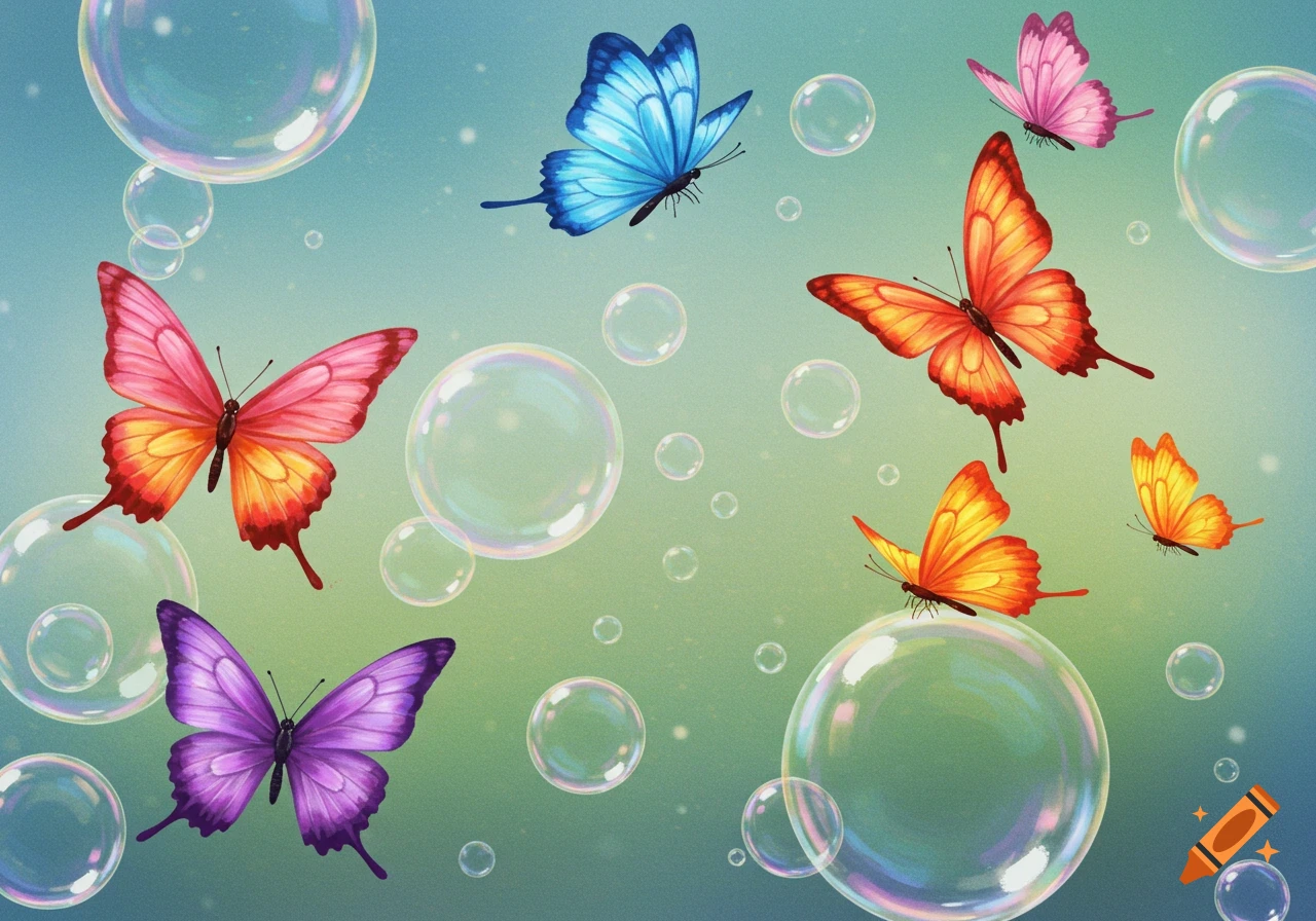 Colorful butterflies and translucent bubbles float against a soft blue and green gradient background.